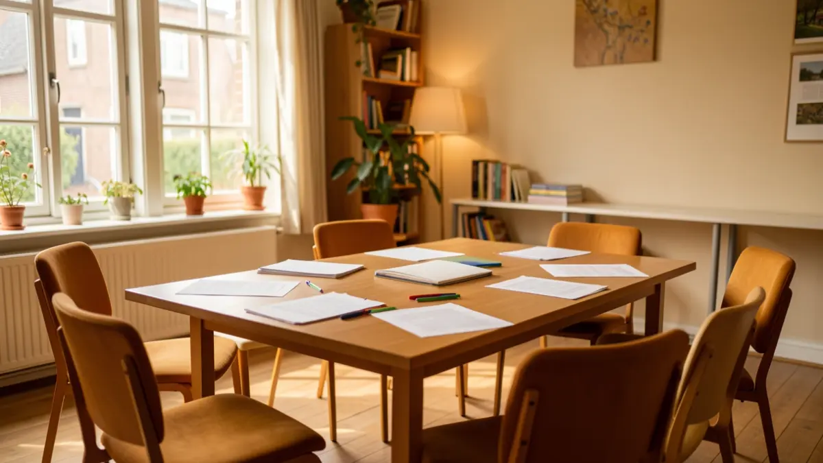 A warm and inviting community center meeting room in Flanders, with chairs in a semi-circle around a table, daylight illuminating papers.