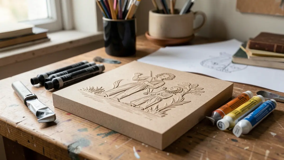 Gedetailleerde afbeelding van een linosnede-workshop met materialen.