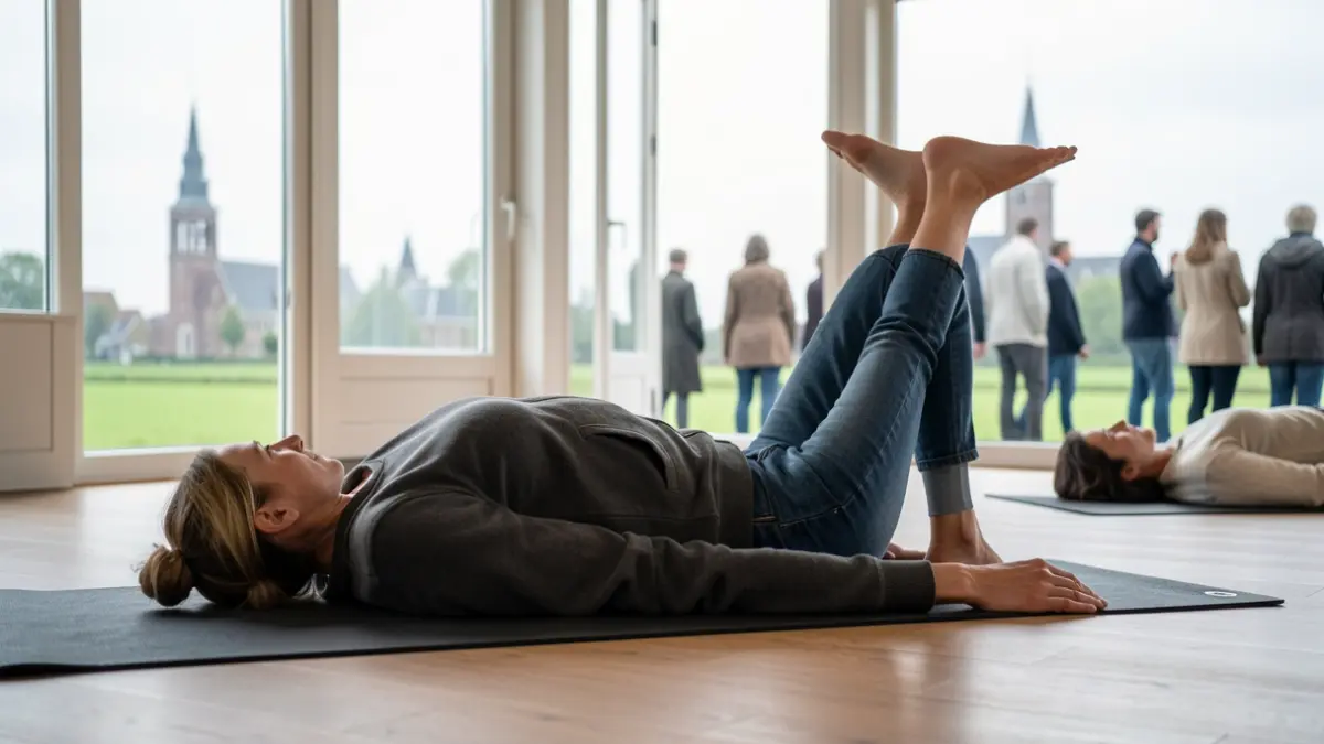 Een serene yogahouding in een rustige studio met zacht licht, gericht op loslaten en ruimte creëren. Geen gezichten of specifieke personen.