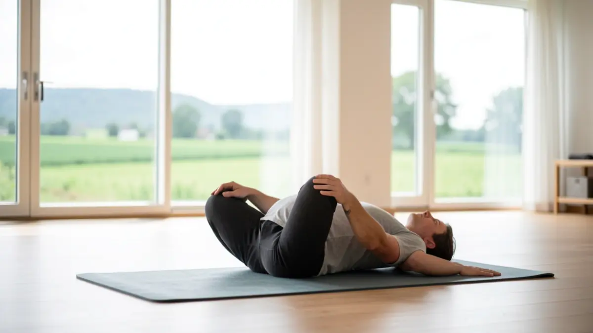Een serene yogahouding op een mat in een lichte studio met uitzicht op groene velden.