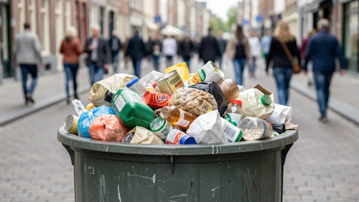 Overflowing trash can with litter on a street in Flanders, emphasizing the pollution.