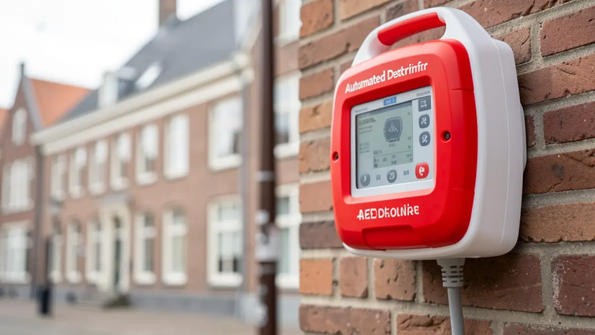 An AED device mounted on the wall of a public building in Flanders.