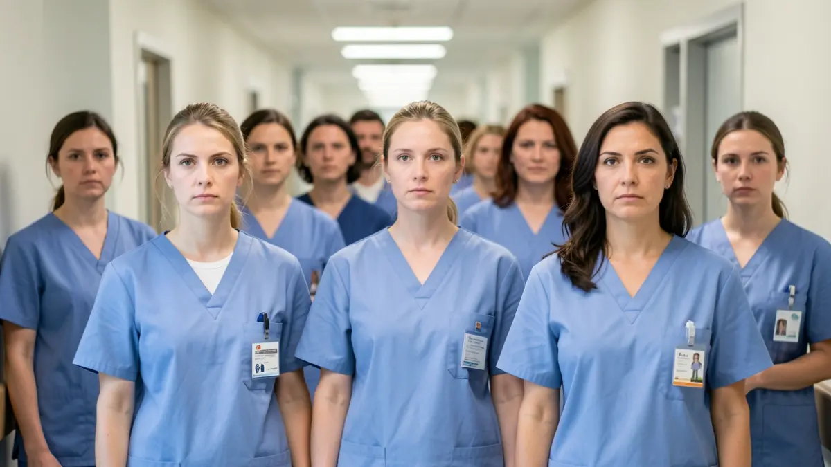 A diverse group of nurses in modern hospital scrubs, with a professional and compassionate demeanor, in a hospital corridor.