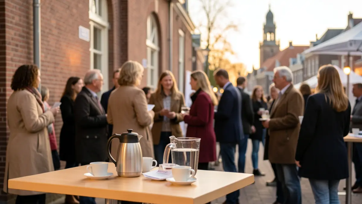 A hospital information stand during a mental health awareness event, focusing on a table with coffee and background conversations.