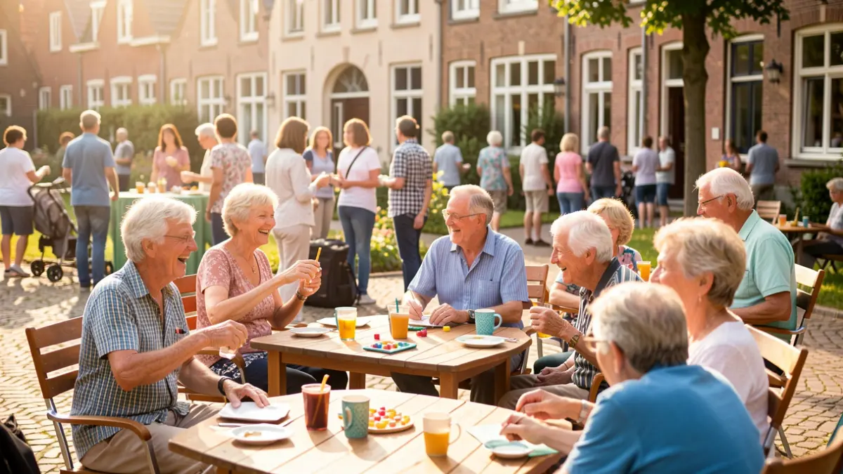 A vibrant summer scene in a Belgian care facility with residents participating in diverse activities, focusing on community spirit and joy.