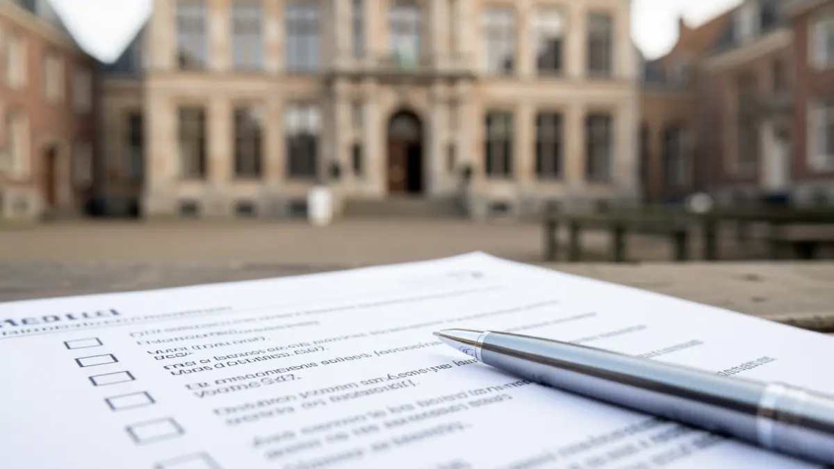 Close-up van een medisch vragenformulier met vinkjes en een pen, met op de achtergrond de vage gevel van een Vlaams gemeentehuis. Zachte, professionele belichting.