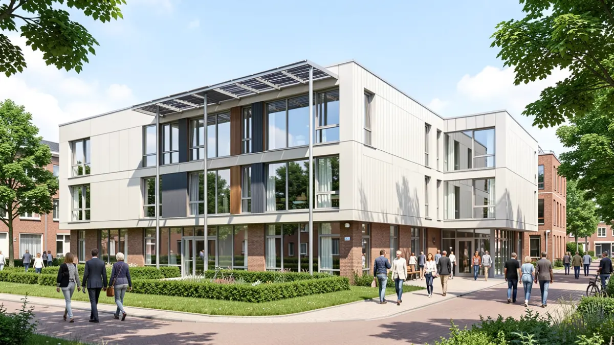 Moderne gevel van een Vlaams woonzorgcentrum met nieuwe zonnewering en gevelbekleding.