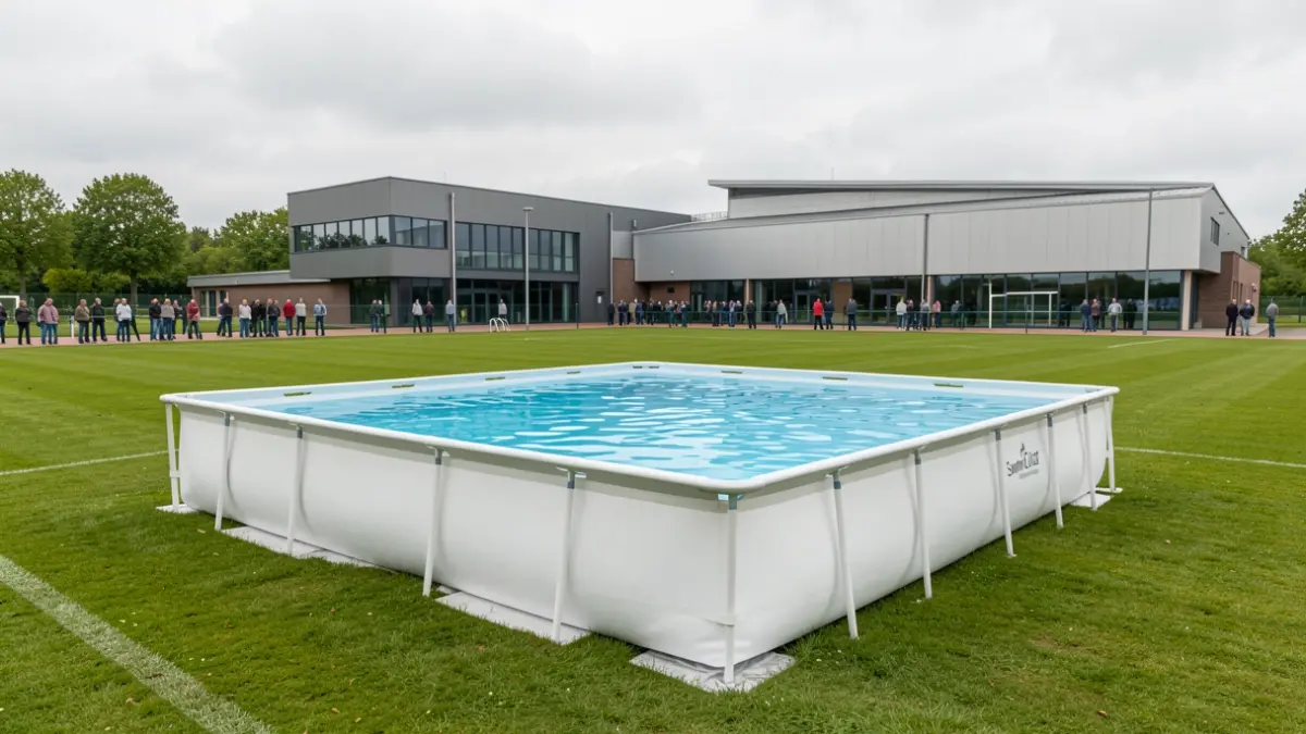 A temporary, movable swimming pool (SwimClad) on a grass field next to a sports hall in Zoersel, Belgium, under overcast weather.