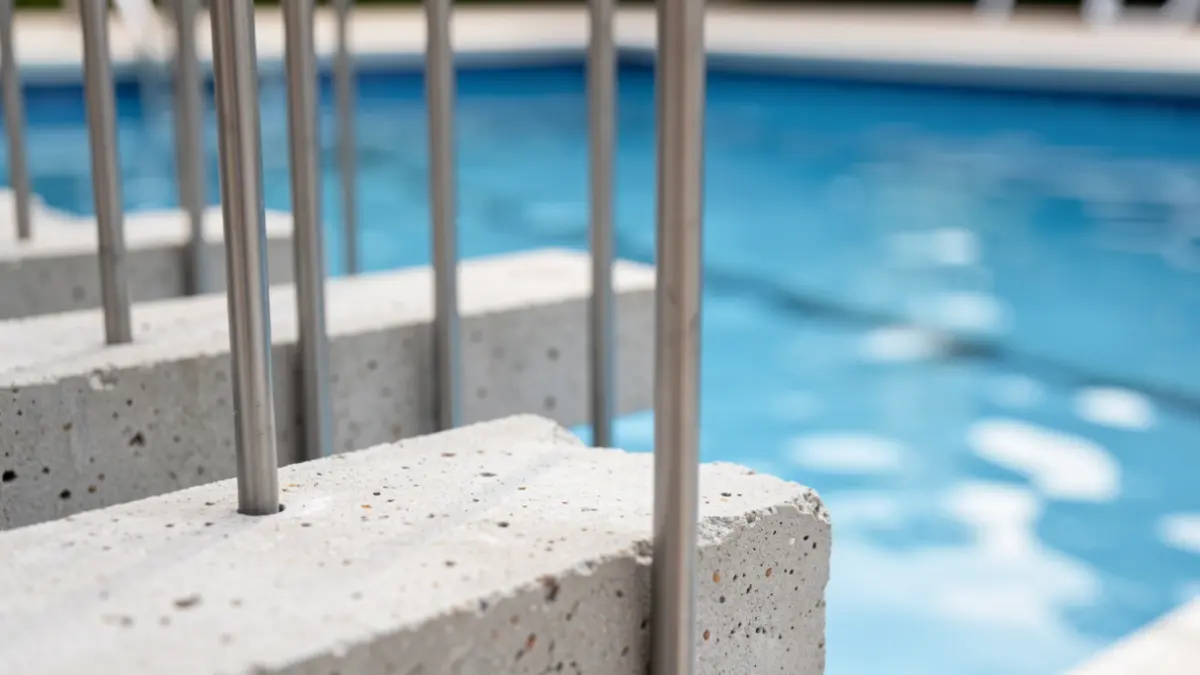 Detailed image of titanium rods embedded in concrete around a swimming pool.