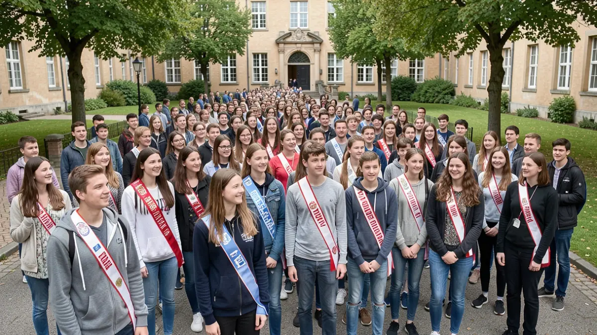 Generic image of a student baptism event on a university campus with around 100 students wearing sashes.