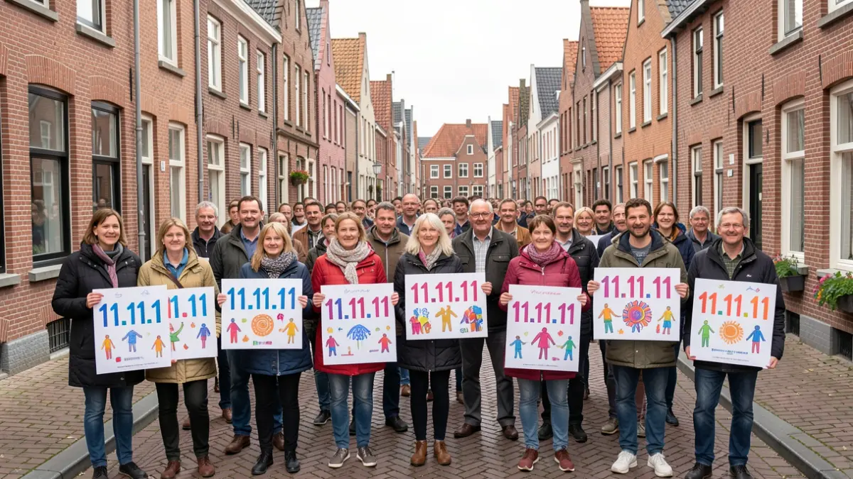 Vrijwilligers tonen affiches met '11.11.11' in een Vlaamse straat.