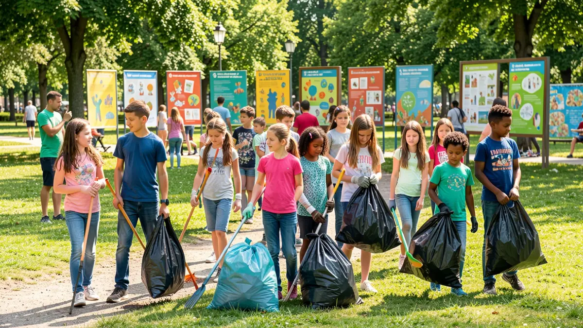 Generieke afbeelding van kinderen en jongeren die deelnemen aan een opruimactie in een park met educatieve posters.