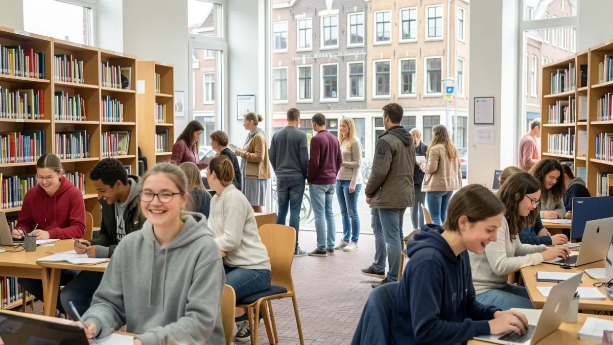 Generieke afbeelding van een groep jongeren die deelnemen aan een 'jobdag' bij verschillende stadsdiensten, met een focus op de omgeving en de activiteit.