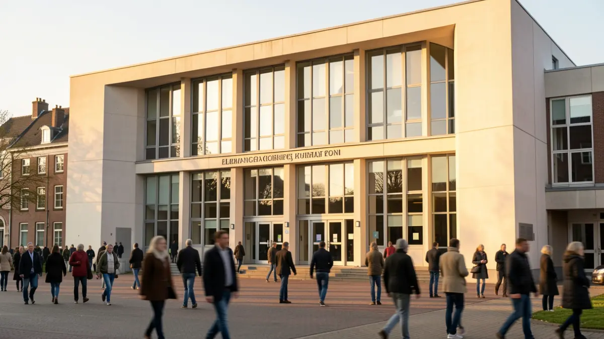 Modern Flemish provincial government building with large windows, in warm afternoon light.