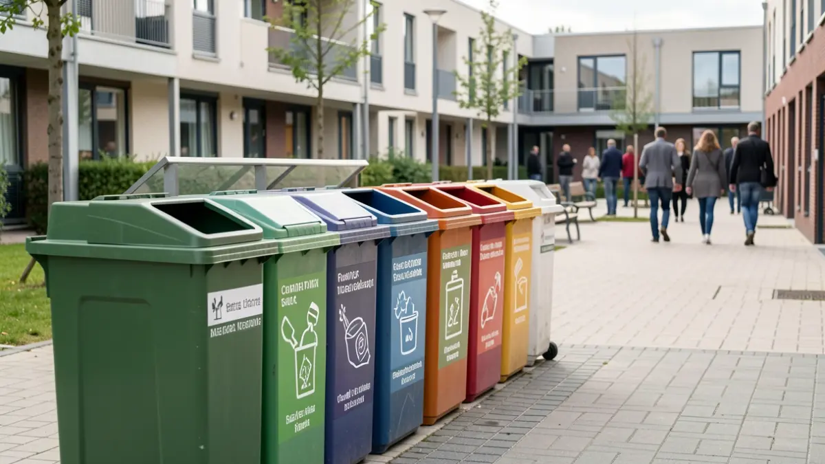 Generic image of a communal waste sorting station with clearly labeled bins for different types of waste, set against a backdrop of a clean, modern social housing courtyard in Flanders. Soft, natural daylight illuminates the scene, emphasizing tidiness and community effort. No people or text visible.