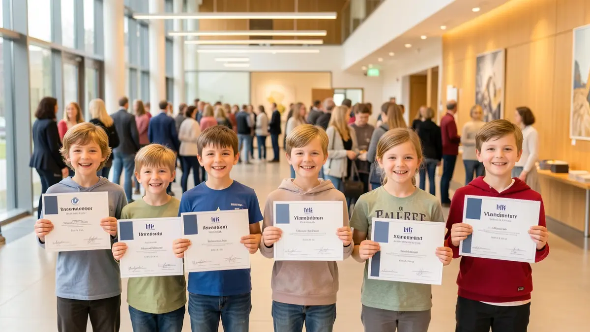 Generieke afbeelding van een groep kinderen die enthousiast diploma's vasthouden in een feestelijke zaal.