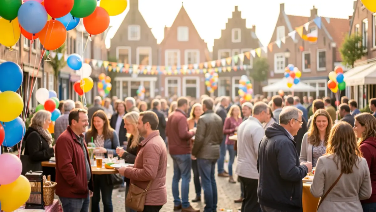 Generic image of a community celebration with festive decorations and blurred people in the background, in a style reminiscent of Flemish architecture.