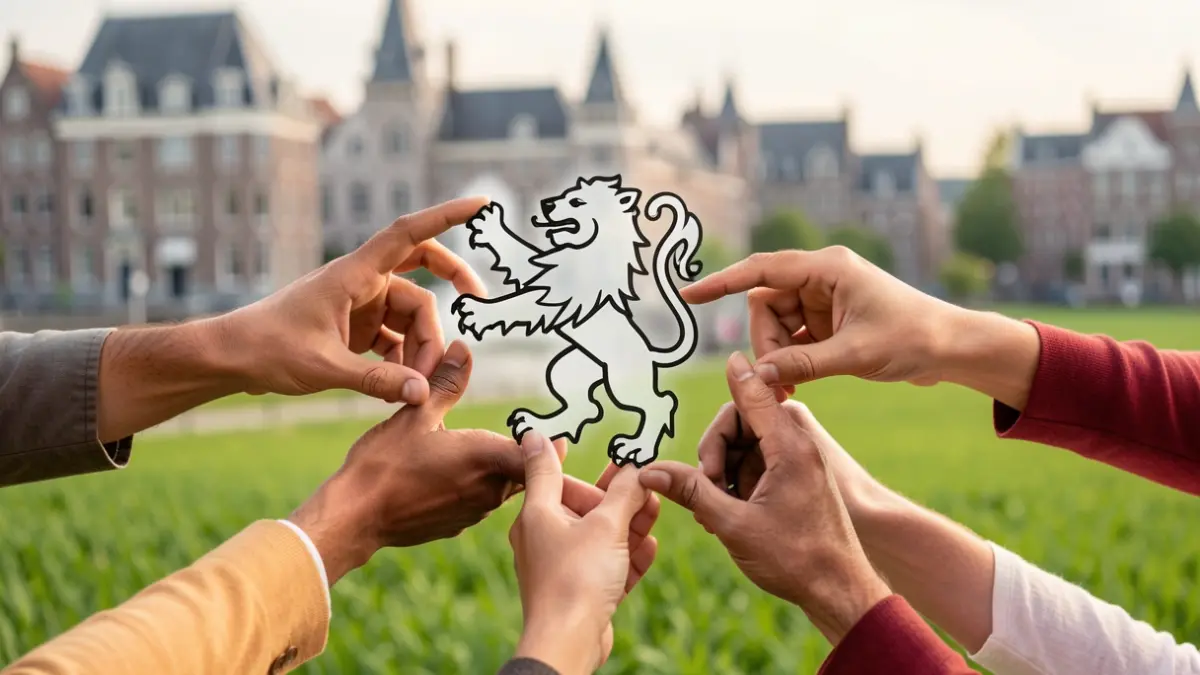Generic image of diverse hands reaching towards a stylized Flemish lion emblem, with blurred city architecture and green fields in the background.
