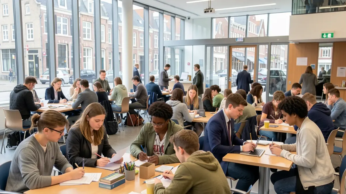 Generieke afbeelding van een groep diverse jonge studenten die actief bezig zijn met verschillende taken in een moderne stadhuisomgeving, met hints van Vlaamse architectuur op de achtergrond.