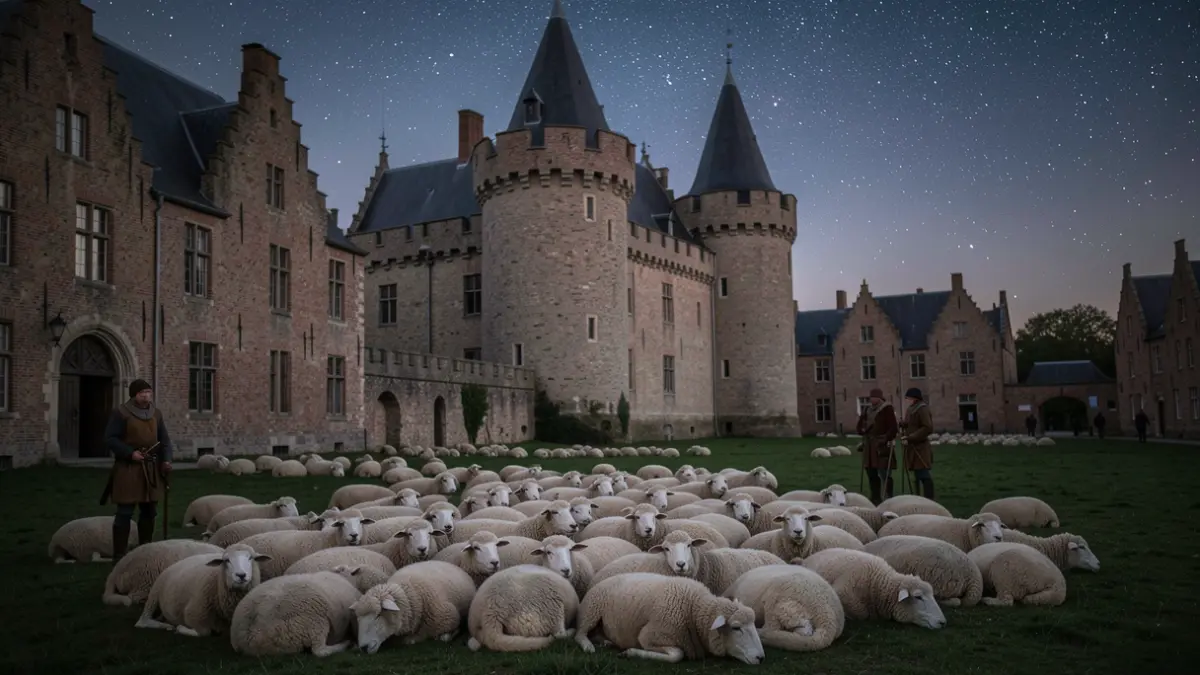 Generieke afbeelding van een kudde schapen die 's nachts bij een kasteel verblijft, met herders in de buurt.