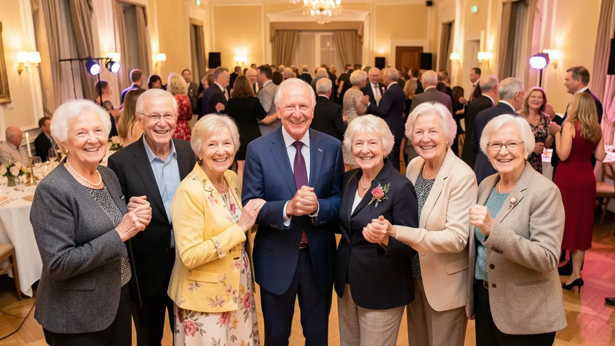 Generic image of a group of elderly couples laughing and dancing together in a festive hall, with a photo booth in the background.