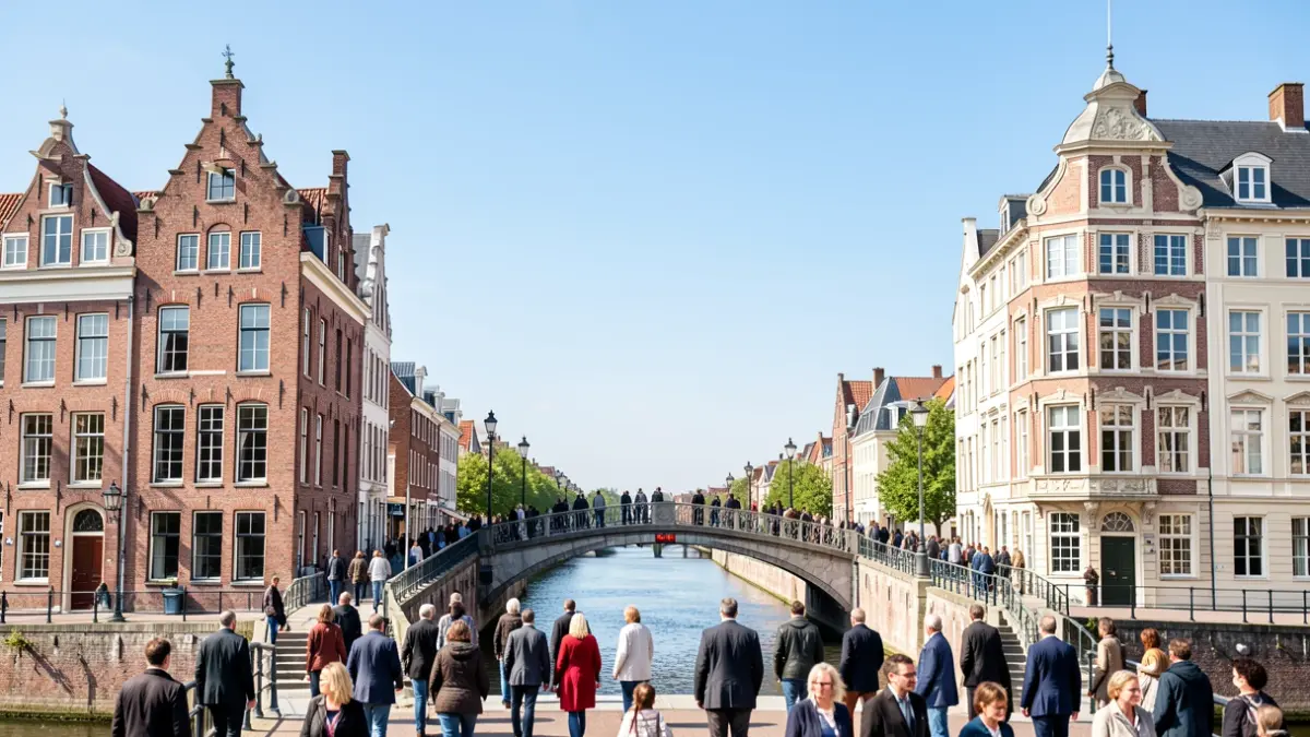 Generic image of a bridge connecting two different landscapes, with typical Flemish architecture on one side and another European style on the other. The sky is clear.