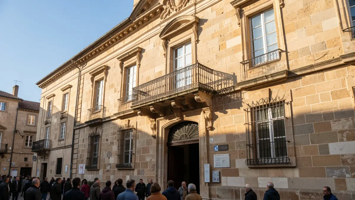 Generieke afbeelding van een traditionele stenen stadhuisgevel met een sierlijke balkon en ijzeren balustrade, warm middaglicht dat schaduwen werpt op de zandstenen muren, blauwe lucht, documentaire fotografie stijl.