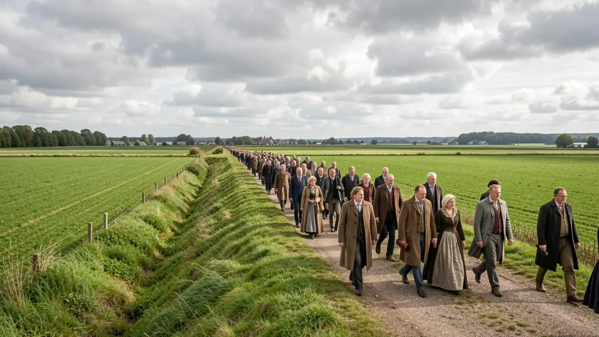 Generieke afbeelding van een groep mensen die wandelen op een dijk in Vlaanderen, met groene velden en een bewolkte hemel op de achtergrond.