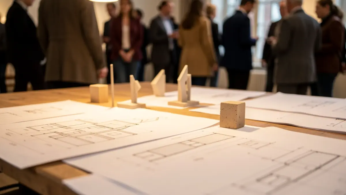 Generieke afbeelding van ontwerpschetsen en kunstmodellen op een tafel.
