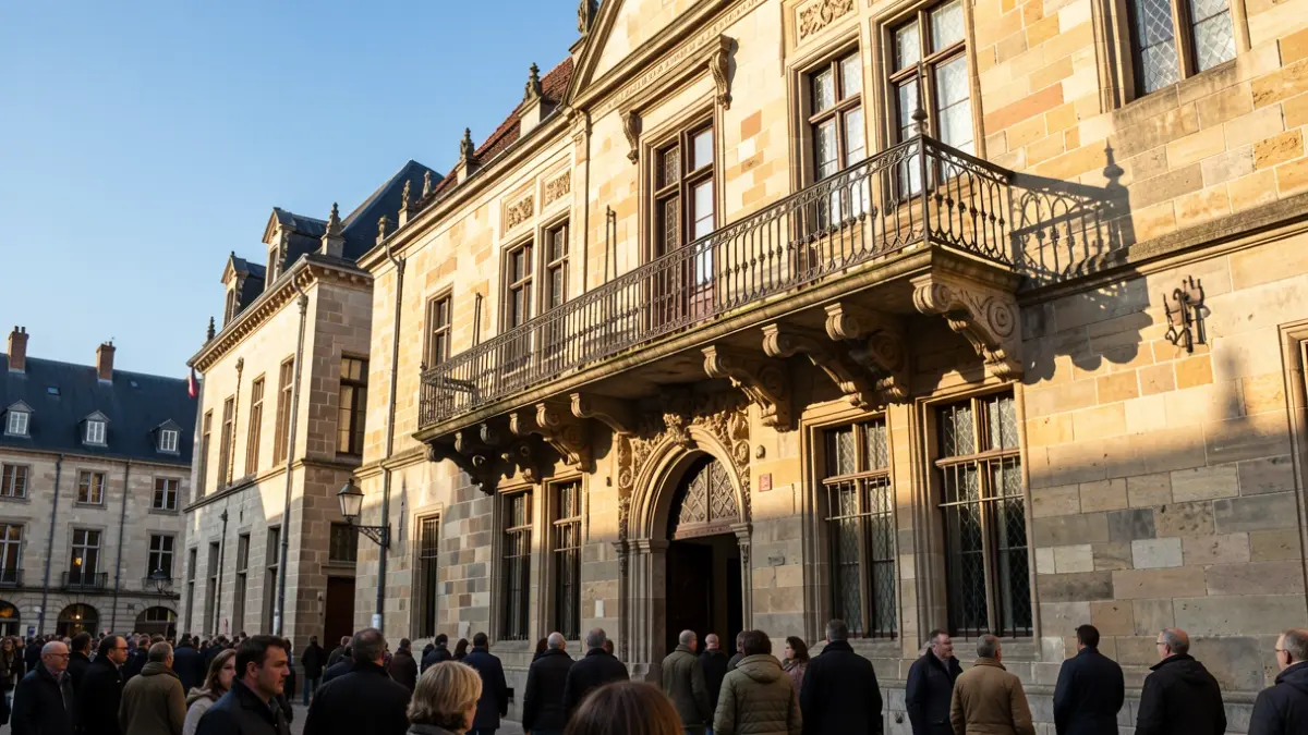 Een historische Vlaamse stadhuisgevel met een sierlijke balkon en ijzeren balustrade, badend in warm middaglicht dat lange schaduwen werpt op de zandstenen muren, onder een helderblauwe hemel.