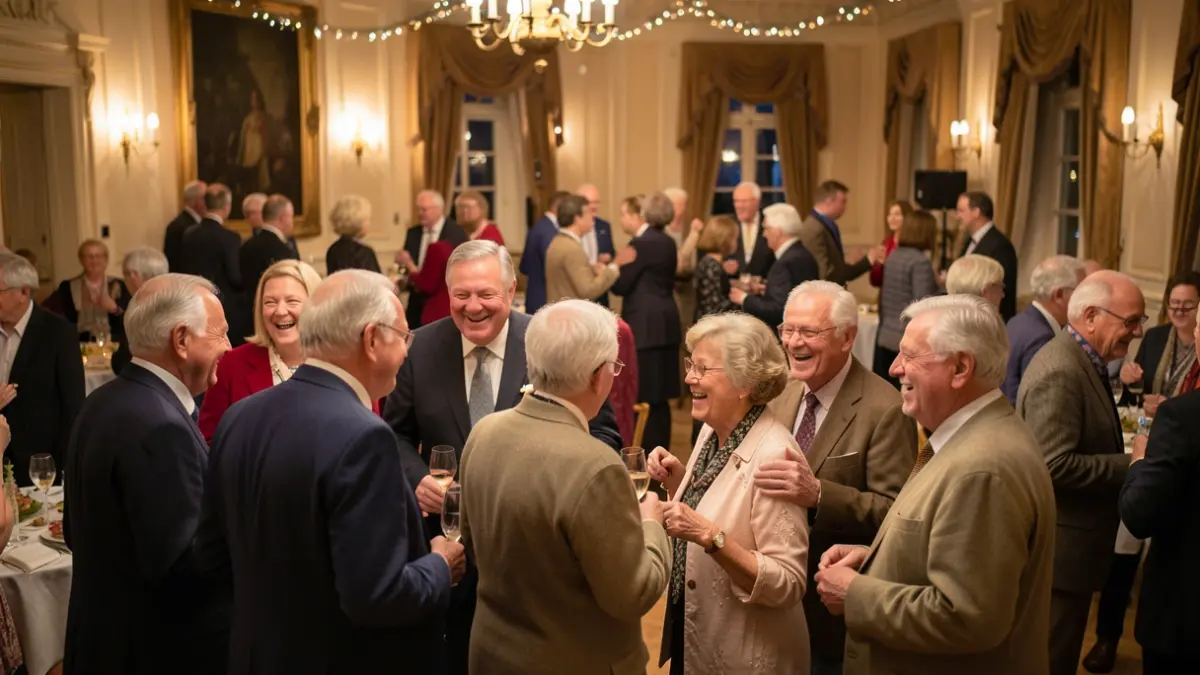 Generic image of a group of 60-year-olds enjoying themselves in a party hall, with music and conviviality.