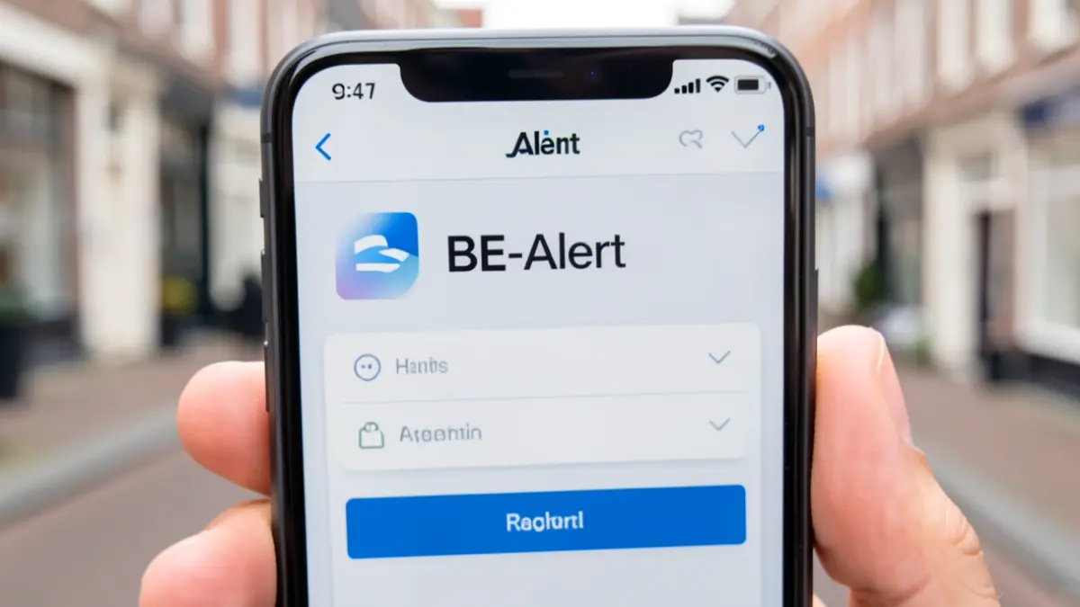 Smartphone screen showing the BE-Alert registration page, with a blurred Flemish street scene in the background.