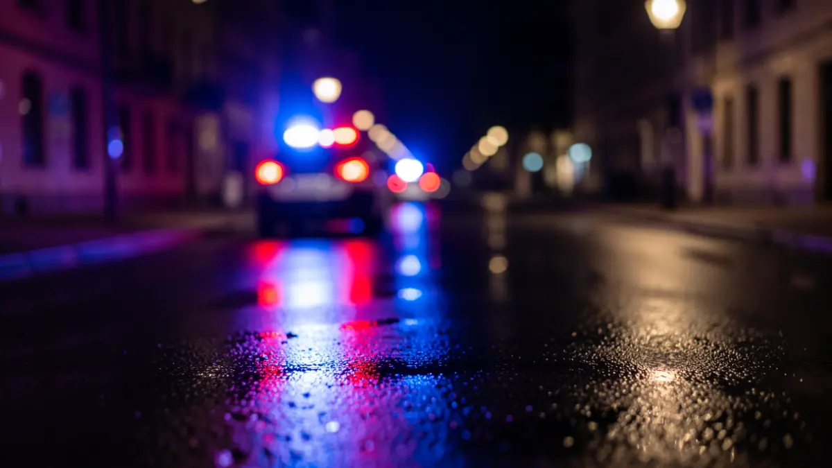 Generic image of blue and red emergency lights reflecting on wet asphalt at night, shallow depth of field, no vehicles visible.