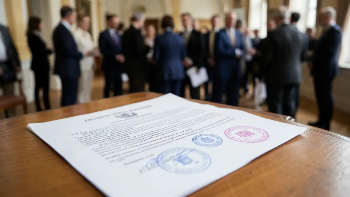 Generieke afbeelding van een juridisch document met officiële stempels en zegels, op een houten bureau. Zachte, diffuse belichting.