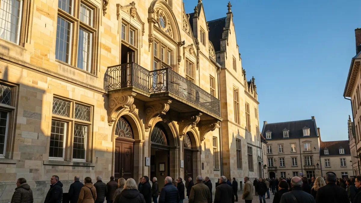 Generic image of a Flemish town hall facade with an ornate balcony and iron railings, bathed in warm afternoon sunlight casting long shadows on the sandstone walls, under a clear blue sky. Documentary photography style.