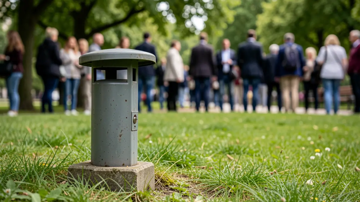 Generic image of a secure bait station for rodent control, placed in a park setting.