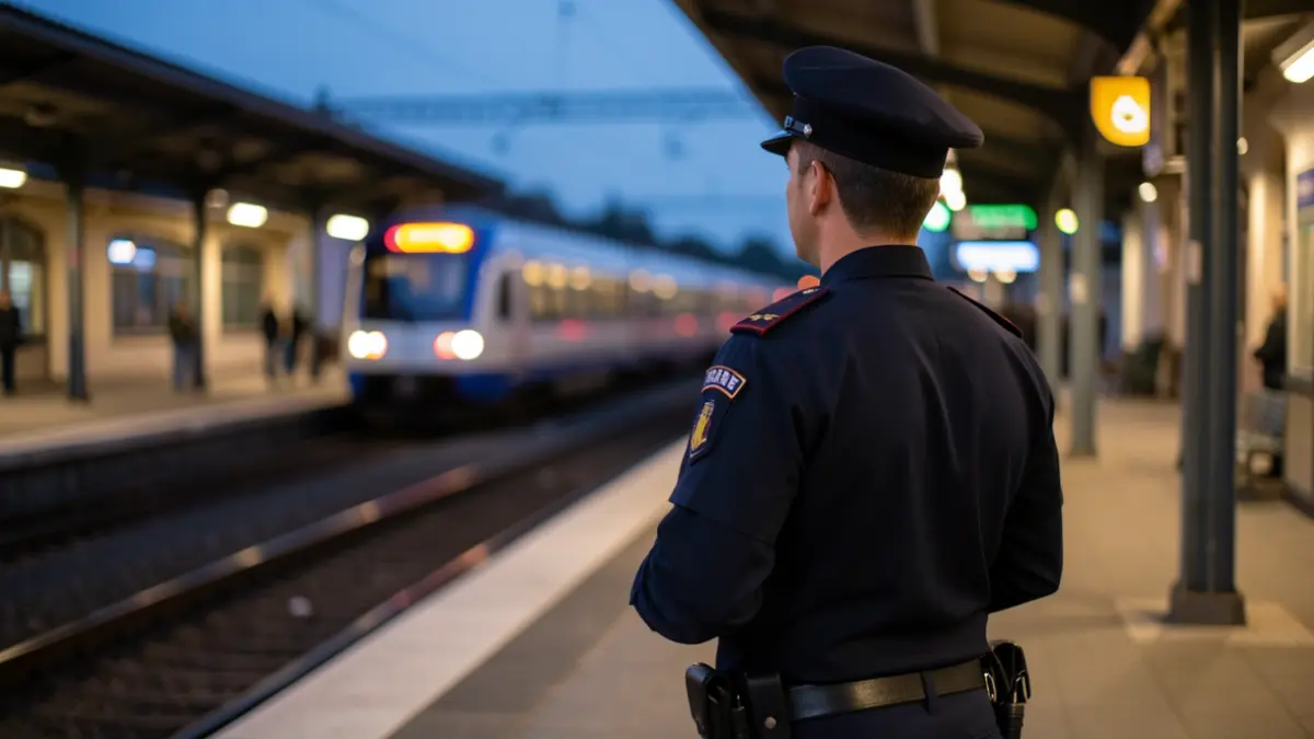 Generic image of a police officer on a station platform at dusk, with blurred train tracks and station lights in the background. The officer is facing away from the camera.