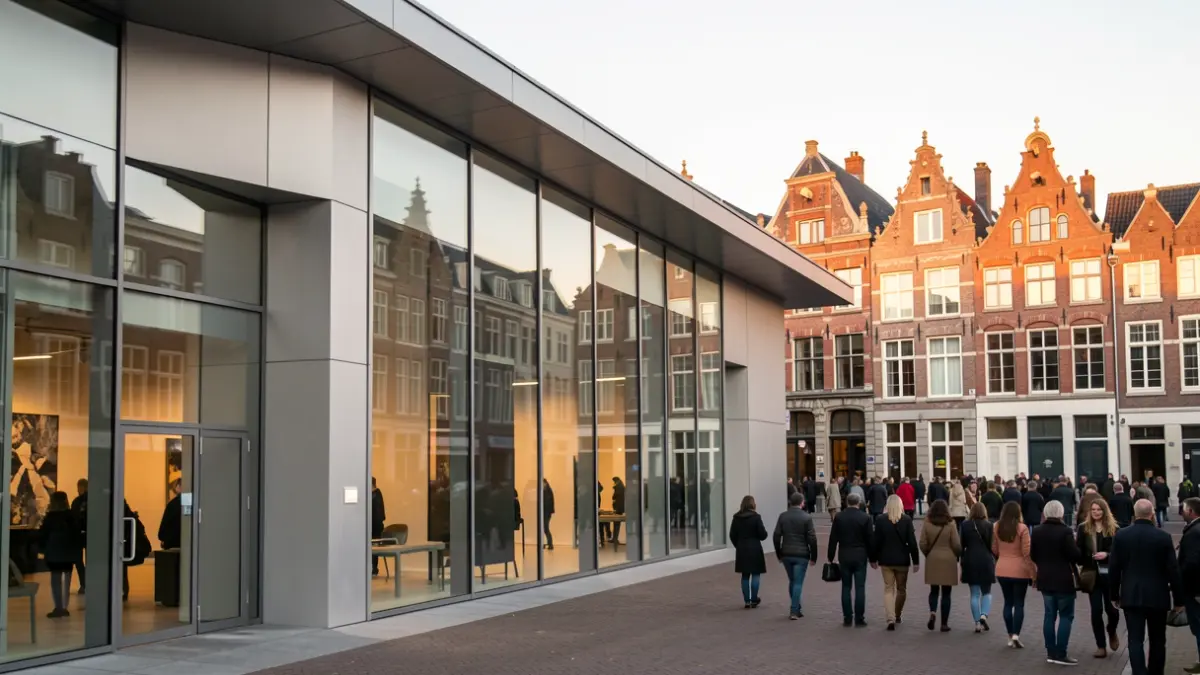 Modern cultural center with large glass windows and clean lines, set against a backdrop of traditional Flemish architecture.