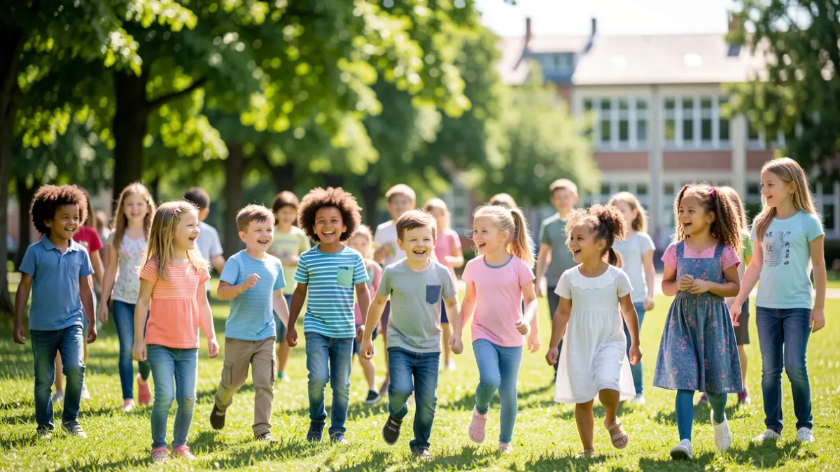 Generic image of smiling children playing outdoors in a sunny park.