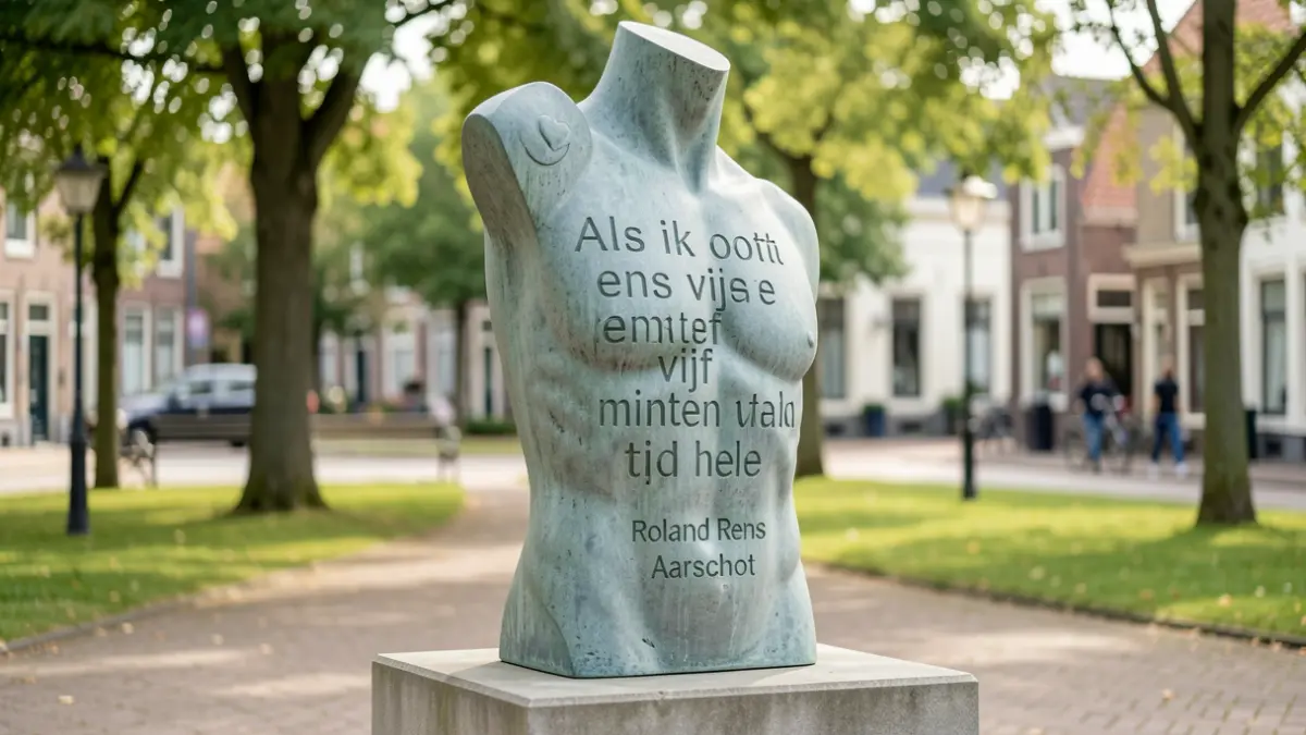 A sculpture titled 'Als ik ooit eens vijf minuten tijd heb' by Roland Rens in Aarschot, serving as an ambassador for male breast cancer awareness.