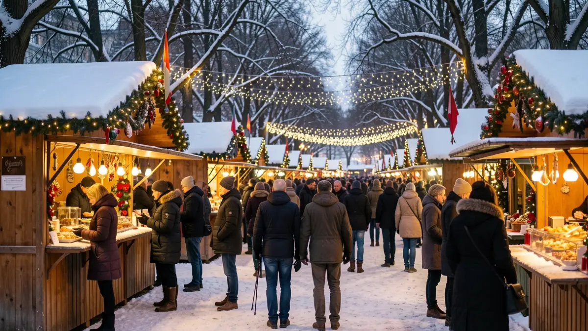 Generieke afbeelding van een sfeervolle winterlocatie in een park met versierde kraampjes en fonkelende lichtjes.