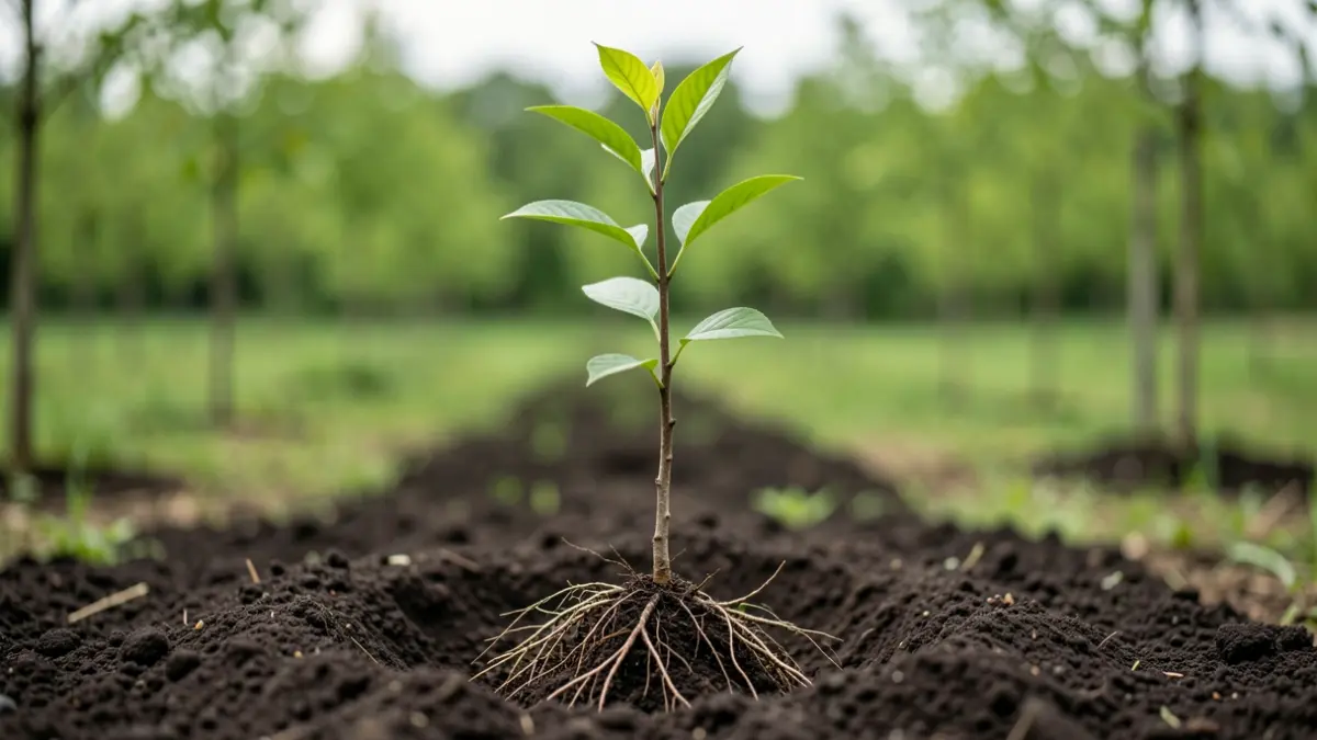 A young, healthy tree sapling with visible roots, planted in dark soil. The background shows a blurred green landscape with other young trees, suggesting a newly planted forest. Soft, natural daylight illuminates the scene.