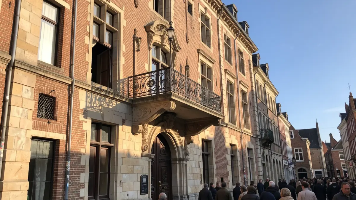 Generic image of a Flemish town hall facade with an ornate balcony and iron railings, warm afternoon sunlight casting shadows on the sandstone walls, blue sky, documentary photography style.