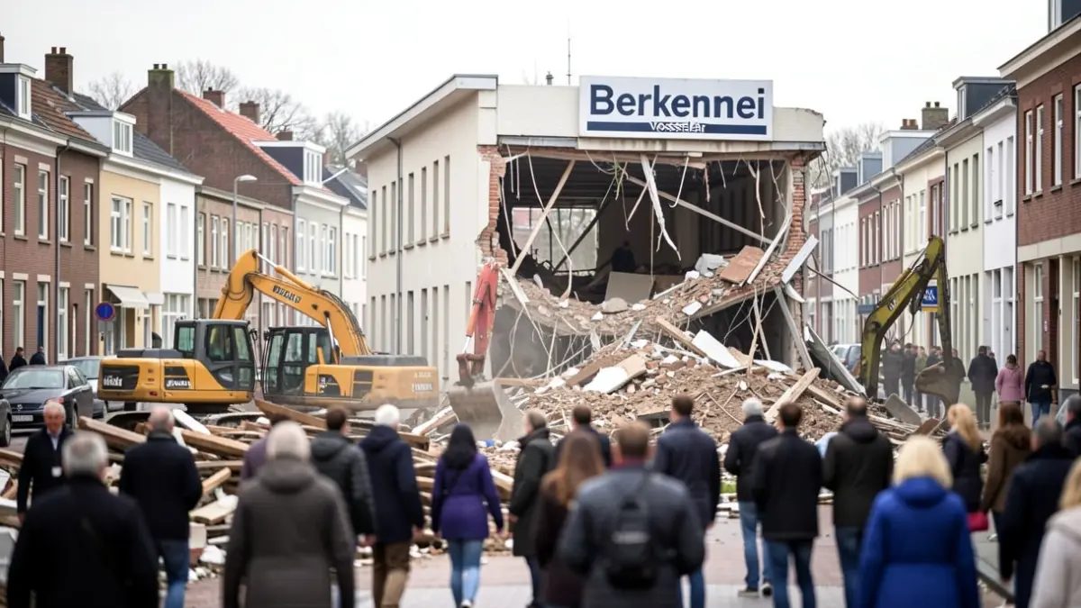 Afbraak van het gebouw Berkenmei in Vosselaar, met bouwvakkers en puin.