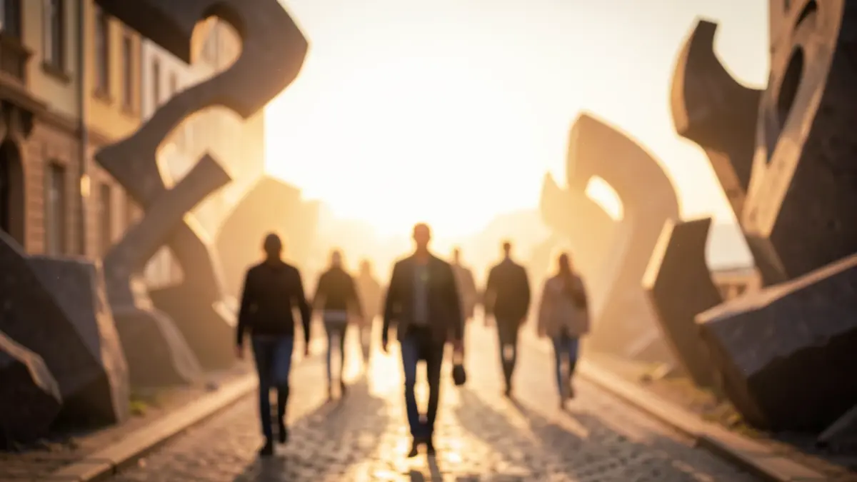 Generieke afbeelding van een symbolische weergave van het overwinnen van obstakels in het leven, met wazige figuren die naar een heldere horizon lopen, tegen een achtergrond van abstracte vormen die uitdagingen suggereren. Warme, hoopvolle belichting.