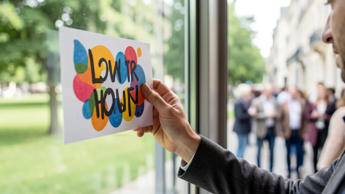 A hand places a colorful, abstract quote sign on a window pane, with a blurred park visible through the glass. Soft daylight.