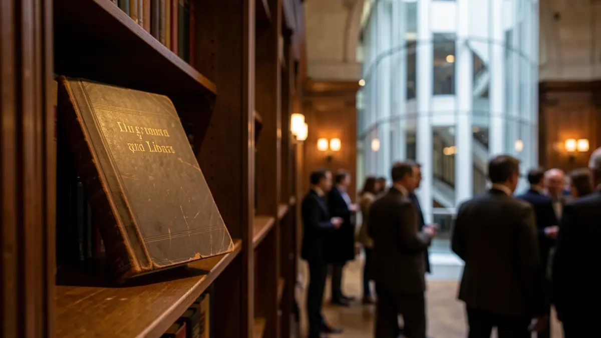 Symbolic image of an old book being placed on a shelf in a library, with a blurred hint of modern architecture in the background.