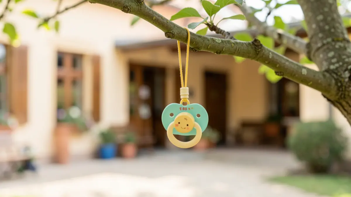 A child's pacifier hangs from a tree branch, with a blurred background of a community center in soft daylight.