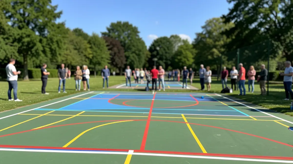 Generic image of a colorful outdoor pickleball court surrounded by greenery under a blue sky.