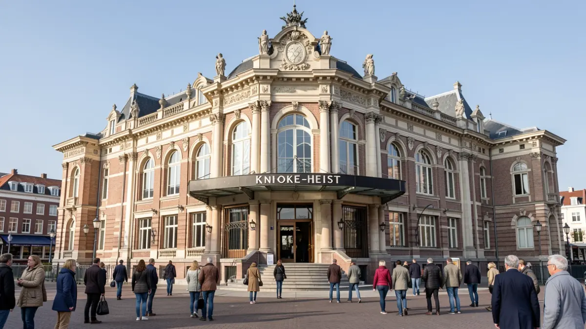 De gevel van het historische Casino-Kursaal in Knokke-Heist, met gedetailleerde architectuur en een grote ingang, bij daglicht.